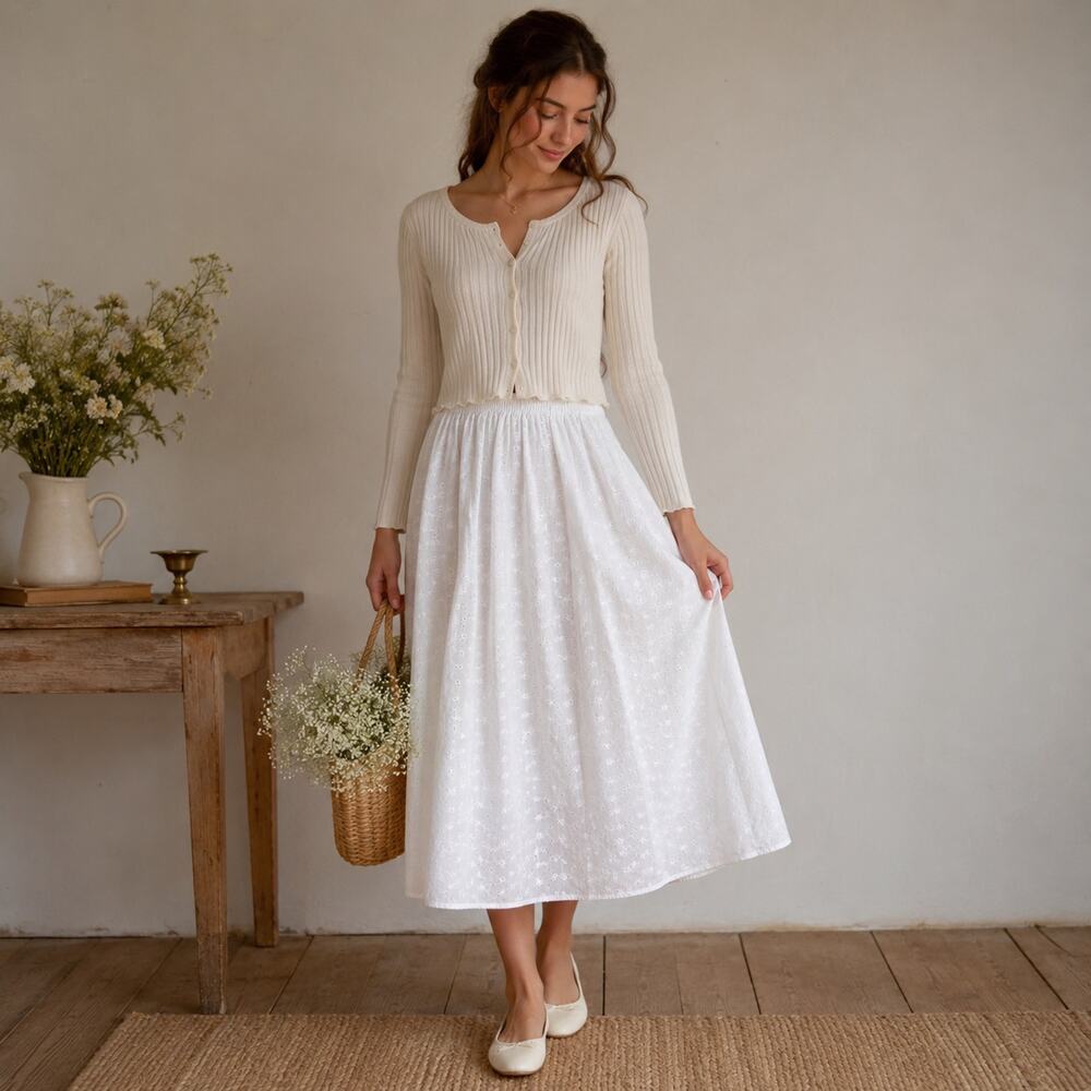 NWT Deadstock  Vintage 1980s White Eyelet Midi Coquette Skirt M